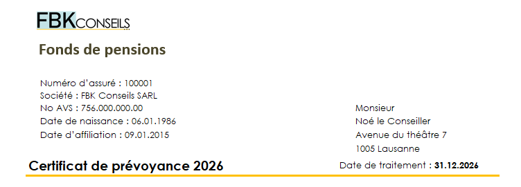 Première partie de votre certificat de prévoyance (LPP) où se trouve vos données personnelles