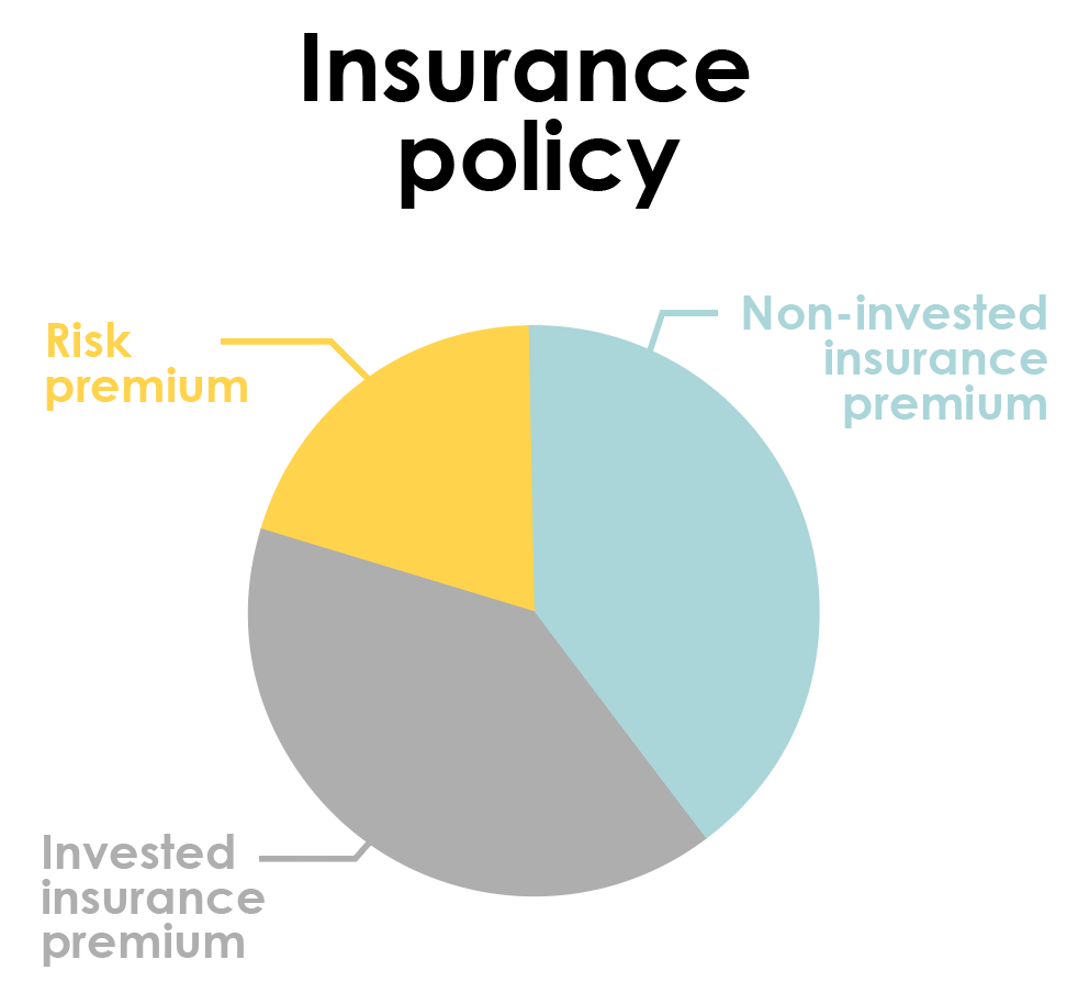 Explanatory figure giving an overview of the composition of a 3A insurance policy with a share of the premium invested 