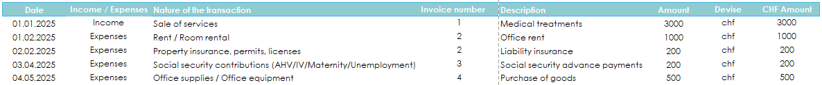 Excerpt of accounting entry records for an independent doctor