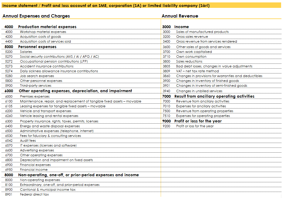 Example of an income statement for an SME in Switzerland